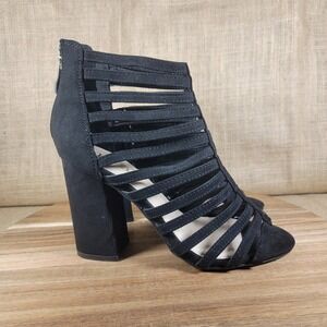 Nicole Miller Caged Heel Bootie Womens Size 8.5 Black Suede Peep Toe Block Heel‎